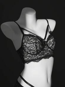 SHEIN 2件套蕾丝假睫毛性感内衣套装 - 黑色 - 查看 3