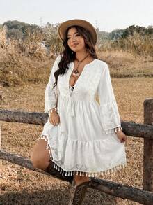 Ceyna 大码白色蕾丝边休闲百搭连衣裙，春夏款 - 白色 - 查看 7