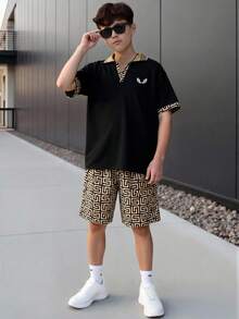 Vacaura 2pcs/Set Teenage Boys Black Summer Streetwear Outfit,Casual Geometric Print Relaxed Fit Short Set,Elastic Waist Jogger Shorts For Teen Boys Daily Wear - Multicolor - View 1
