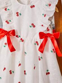 女童樱桃印花短袖连衣裙，带蝴蝶结，适合夏季和假期穿着 - 白色 - 查看 6