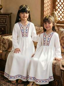 Sparklyn Girls White A Line Long Sleeve Dress Flared Long With Geometric Pattern V Neck Everyday Casual Polyester - White - View 3