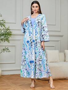 Yasmyna Floral Print Flounce Sleeve Abaya - Blue - View 5
