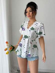 Elenzga Áo kiểu nữ thanh lịch, thời trang, phù hợp đi làm, thoải mái, tay ngắn, cổ chữ V, có bèo nhún, phối ren và in họa tiết (Họa tiết ngẫu nhiên) - Màu tím - Xem 4