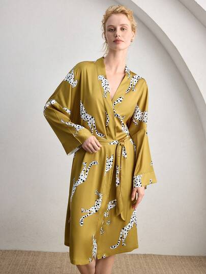 Ocili Women's Leopard Print Simple Animal Pattern Robe, Comfortable Sleepwear Belted Long Robe