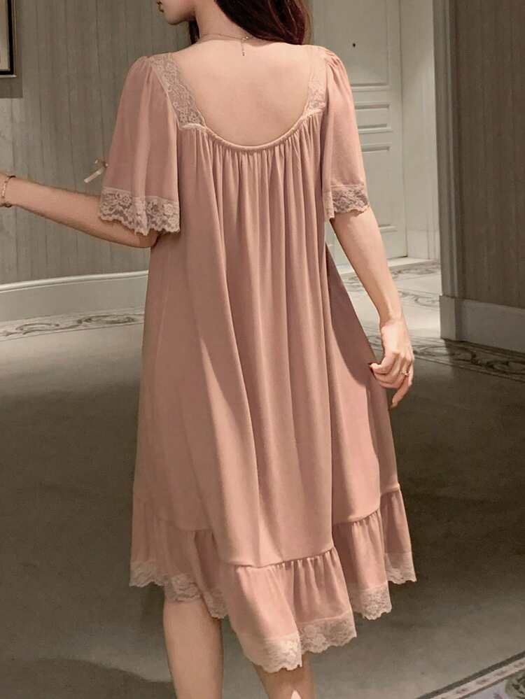 Romantic Lace Patchwork Bow Decor Women Short Sleeve Nightgown