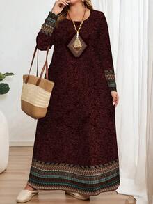 EMERY ROSE Red Floral Retro Print Plus Size Long Sleeve Round Neck Maxi Dress, Suitable For Spring/Summer - Multicolor - View 3