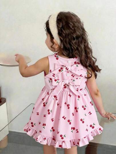 Souflis Souflis 1pc Baby Girls' Summer Striped Dress, Soft Color Gradient Sweet Atmosphere, Classic Striped Pattern Simple Yet Fashionable, Bow Decor On Back Playful And Eye-Catching, Loose Fit Comfortable, Suitable For Outdoor Walks, Lazy Home Time, Parent-Child Outings, Parties And Other Joyful Occasions