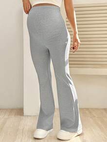 SHEIN 孕妇休闲纯色可调节腰围喇叭裤 - 灰色 - 查看 5