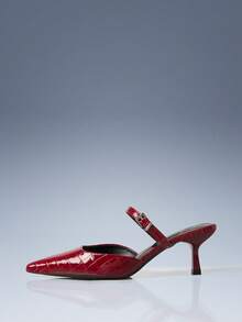 CUCCOO GRLICON Women's Black Fashion Pointed Toe Block Heel Pumps - Red - View 2