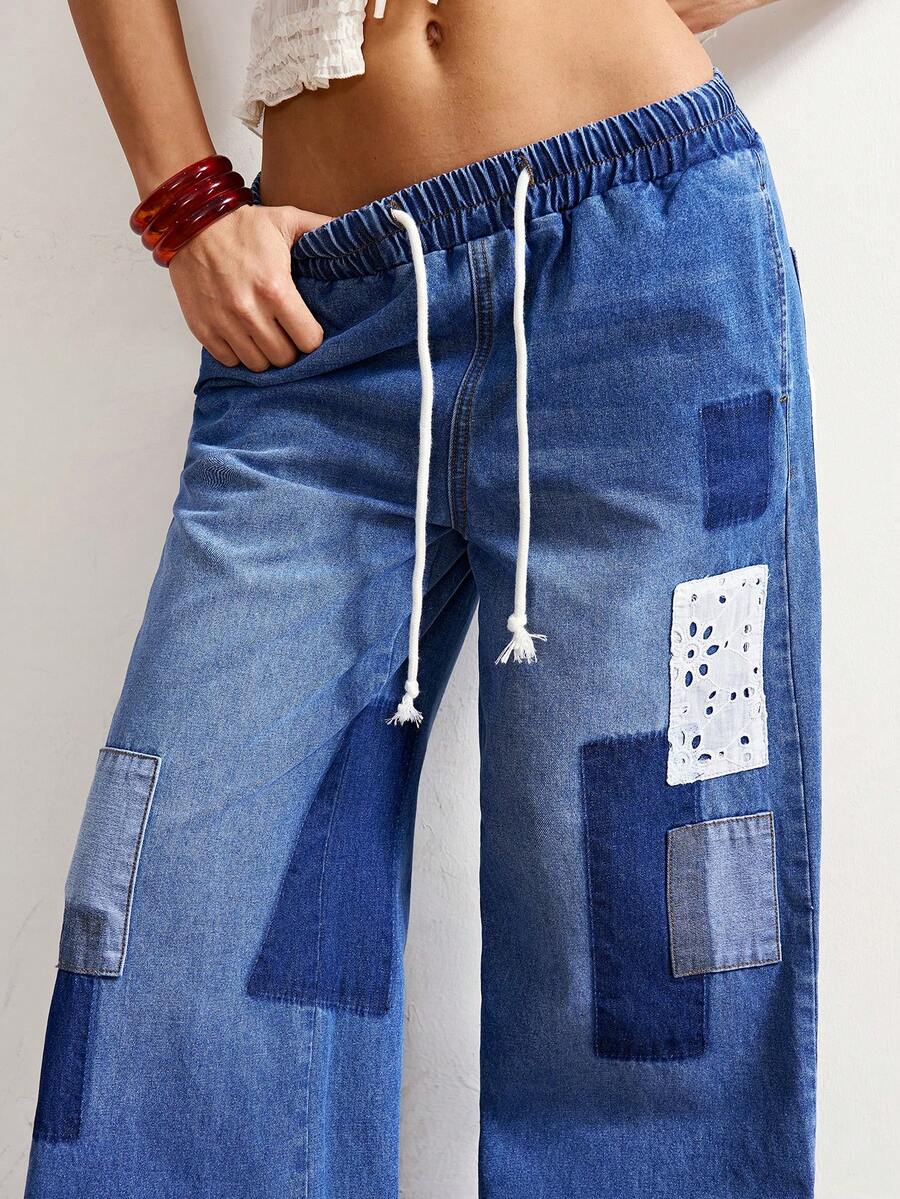 Bohemela Women's Contrast Color Ripped Pocket Drawstring Waist Jeans - Medium Wash - View 1