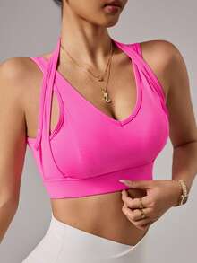 SHEIN Sovereign Charm 女士纯色无钢圈露背运动文胸，夏季款 - 玫紅色 - 查看 4