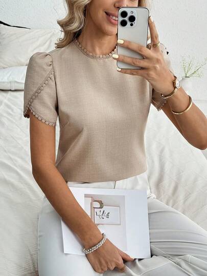 Louniche 女士春季休闲简约花瓣袖直筒纯色百搭衬衫，居家户外皆宜，舒适休闲