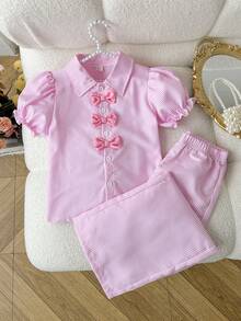 SHEIN 2件套女童彩色蝴蝶结泡泡袖白衬衫+紫色宽松阔腿裤，休闲日常及度假穿着，夏季 - 粉色 - 查看 8