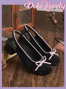 Dola Lovely Ladies Black Flour Edge Plush Square Head Bow Back Strap Low Heels, Lolita Wears Versatile High Heels - Graphite Black - View 3