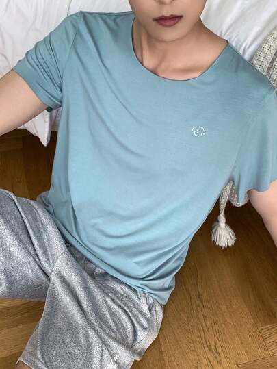 DAZY 男士纯蓝色圆领家居服上衣，夏季