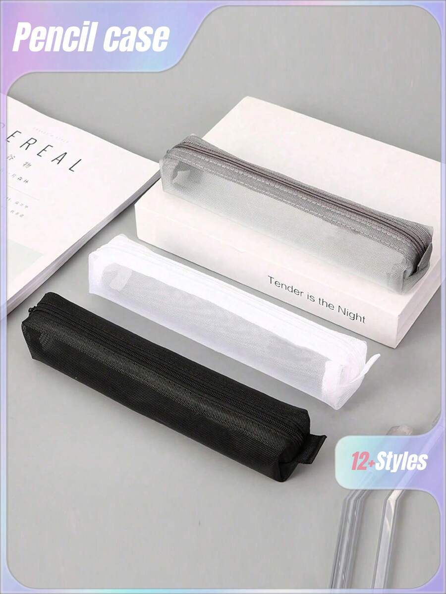 1/2/3pcs Minimalist Transparent Mesh Pencil Case, Student Exam Supply Pouch, Mini Square Storage Bag Back To School, Back To School, School Supplies, Pencil Pouch, School Bag - Black - View 1