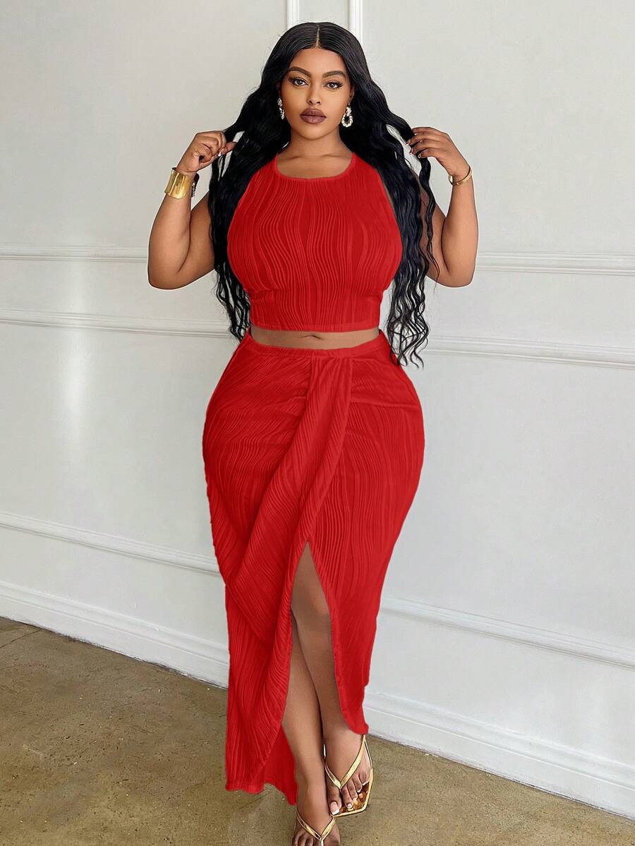 Slaydiva Set da 2 pezzi, bianco tinta unita, vestibilità slim, taglie comode - Rosso - Visualizzare 1