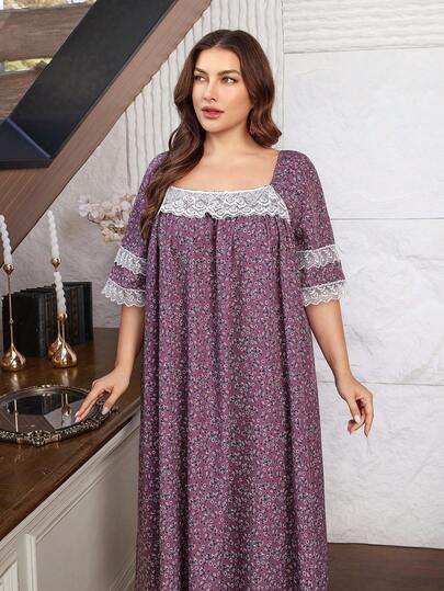 Lacomfia Plus Size Women's Ditsy Floral Short Sleeve Lace Trim Loose Casual Dress