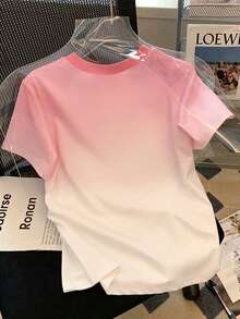 1件少女甜美渐变粉色郁金香花朵短袖T恤，独特风格，适合购物和外出穿着，时尚春夏款 - 粉色 - 查看 2