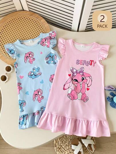 Playful Pals 2pcs Young Girls' Comfortable Casual Cute Stitch Letter Print Round Neck Ruffle Sleeve Pink & Blue Dresses, Suitable For Summer Outings, Photography, Daily Wear, And School