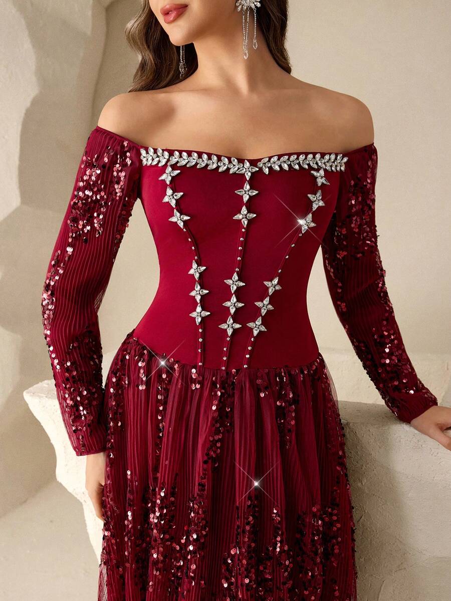 Coutiva 女士露肩正式晚礼服，饰有亮片边、网纱拼接和串珠下摆（装饰繁复） - 酒紅色 - 查看 1