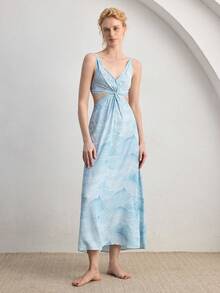 Ocili 休闲简约吊带连衣裙，抽象山脉印花，舒适垂坠睡裙，时尚秋季女士家居服 - 藍色 - 查看 2