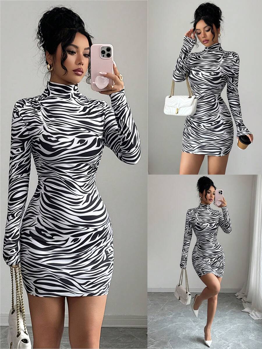 SHEIN PETITE Abito mini casual elegante per vacanze e feste in spiaggia, primavera/estate, da donna, slim fit, a righe nere e bianche, collo alto, maniche lunghe, per donne petite - Bianco e nero - Visualizzare 1