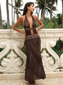 Swim Lushoire Women's Halter Tie Backless Sequin Patchwork Sexy Beach Cover Up Dress - Brown - View 6