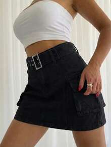 SHEIN ICON Saia jeans feminina minimalista de cor sólida para uso casual - Preto - Ver 1