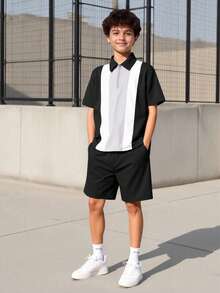 2pcs/Set Tween Boy Casual Contrast Color Block Polo Shirt And Shorts Set, Suitable For Commuting, School, Daily Casual Wear, Sports, Spring/Summer - Black - View 10