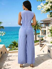 SHEIN Lady Bộ 2 món áo vest kim loại kẻ sọc cài một hàng khuy và quần ống rộng thường ngày cho nữ - Màu xanh lam - Xem 2