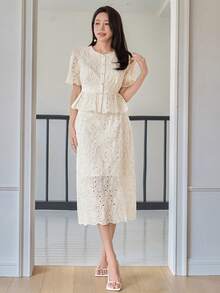 DAZY Women's Lace Fabric Round Neck Short Sleeve Cardigan And Straight Long Skirt Elegant Urban Casual 2 Pieces Set - Beige - View 3