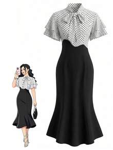 Rafferiza Women's Elegant Black & White Polka Dot Patchwork Dress With Bowknot Collar, Fitted Bodycon Mermaid Hem Dress - Black - View 3