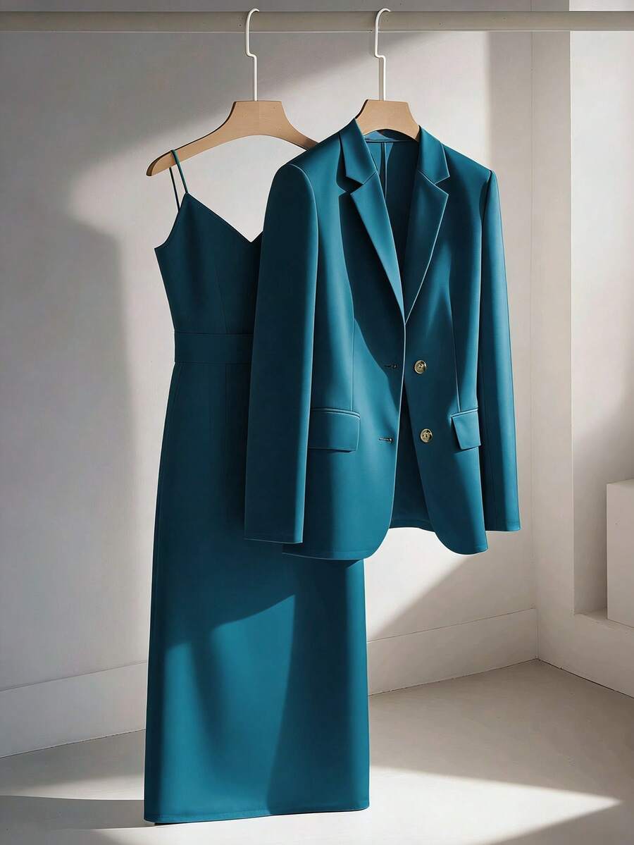 Franclia Casual Khaki Blazer Jacket Paired With Slim Fit Camisole Dress, Women's 2 Pieces Suit Set, Versatile For Commute And Daily Wear, Spring/Autumn - Teal Blue - View 1