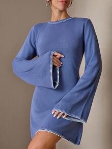 SHEIN Women Color Block Sweater Dress With Striped Edges - Blue - View 5