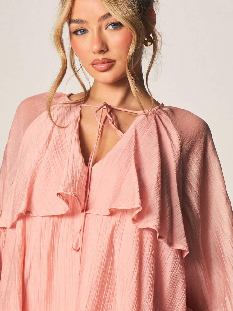 MISSGUIDED コーラルピンク ティアード フリル ミニドレス パフスリーブ Vネック ボタン前開き ギャザーヘム ボヘミアン スタイル 春夏