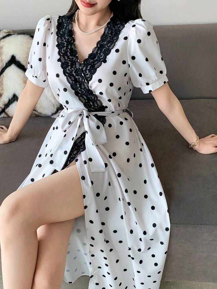 Polka Dot Print Contrast Color Lace Patchwork Puff Sleeve Long Women Robe