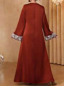 SHEIN Najma Elegant Pearl Embellished Fabric Patchwork Satin Long Sleeve Maxi Dress, Turkish & Arabic Traditional Abaya - Rust Brown - View 2