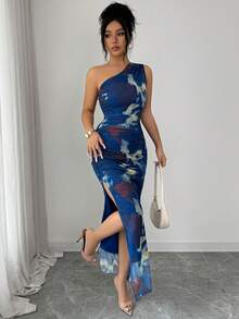 Selianne Women's Luxury Evening Dress, Tie-Dye Print Asymmetric Neckline Sleeveless Sexy Dress - Lake Blue - View 6