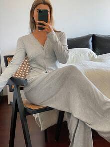 DAZY 蕾丝拼接舒适针织女式睡衣套装 - 灰色 - 查看 6