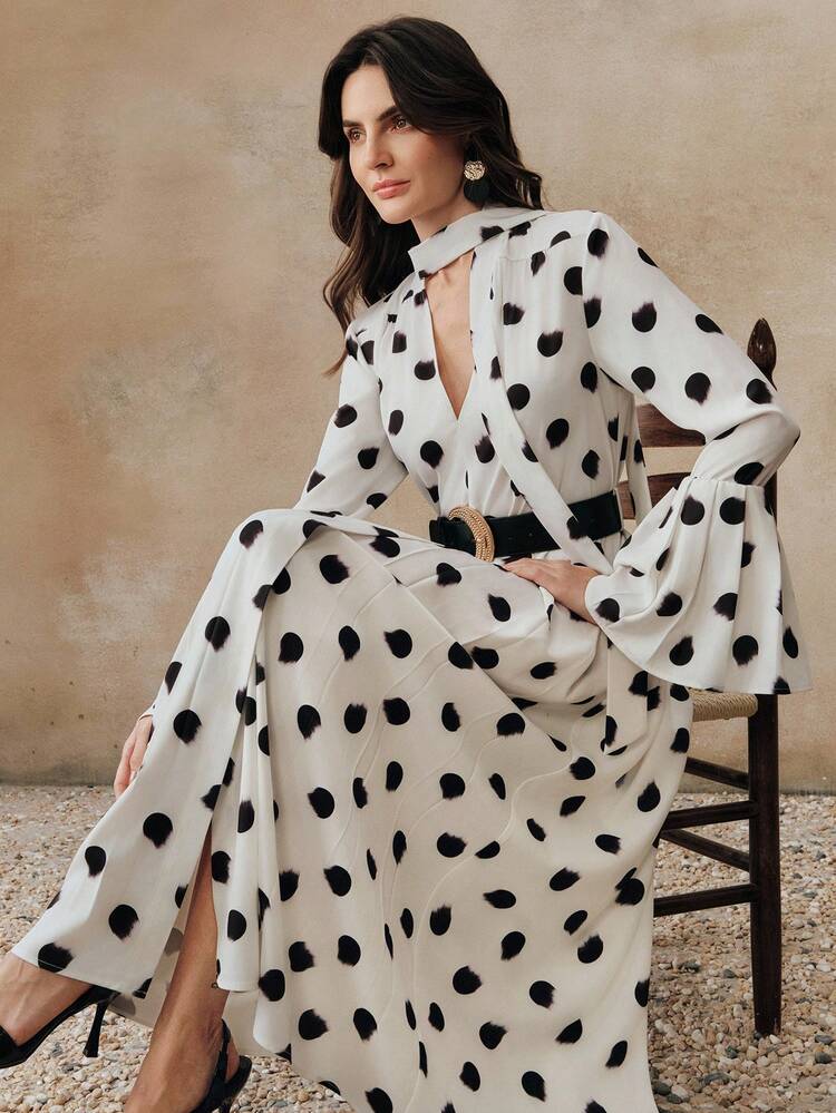 Women's Elegant Polka Dot Puff Sleeve Pleated Dress, Fashionable & Charming, Suitable For Spring Long Sleeve Polka Dot Dress Black And White Polka Dot Dress Polkadot Dress Polka Dot Dresses For Women