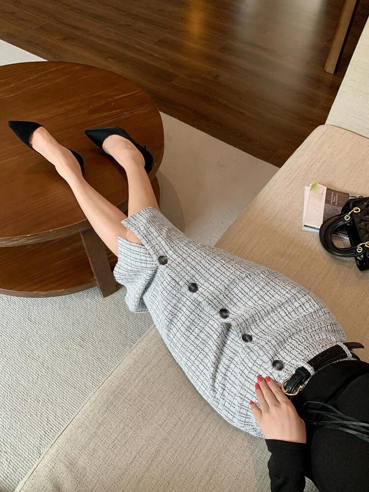 Textured Plaid Front Button Decor Elegant Bodycon Skirt, Suitable For Valentine's Day, Wedding, Party, Commute