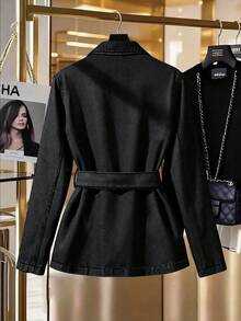GlowEve Women's Lapel NeckLong Sleeve Single-Breasted Tie-Waist Casual Denim Jacket - Black - View 2