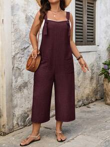 Linhara CURVE 大码抽绳口袋装饰直筒连体裤 女士休闲连体裤 酒红色连体裤 女士夏季连体裤 女士七分连体裤 大码女士背带裤 春夏精选 母亲节服装 女士连体裤 女士阔腿连体裤 - 酒紅色 - 查看 3