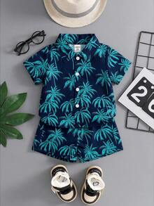 SHEIN 2件套幼儿男童度假绿色热带植物图案短袖衬衫+松紧腰短裤套装，童装。幼儿服装，幼儿衬衫，幼儿短裤，婴儿套装，6个月-3岁 - 黑色 - 查看 1