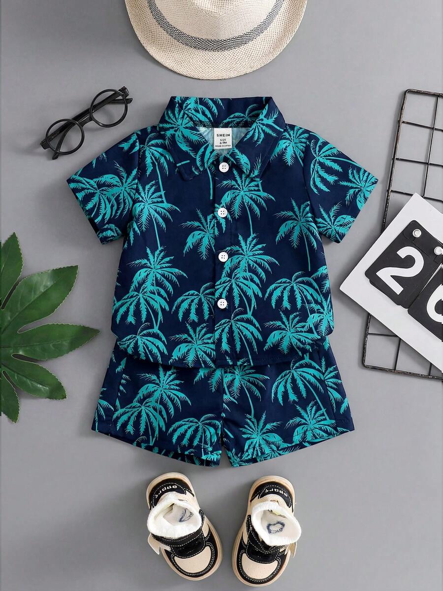 SHEIN 2件套幼儿男童度假绿色热带植物图案短袖衬衫+松紧腰短裤套装，童装。幼儿服装，幼儿衬衫，幼儿短裤，婴儿套装，6个月-3岁 - 黑色 - 查看 1