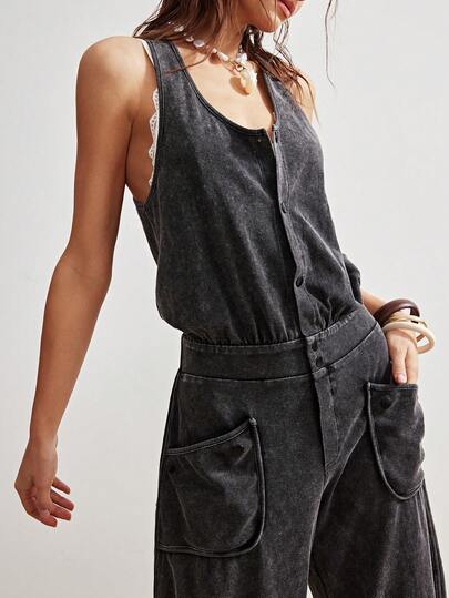 Bohemela Women's Casual Solid Color Knitted Jumpsuit