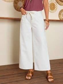 EMERY ROSE Women's Fashion Casual Loose Fit Cropped Wide Leg Jeans - White - View 1
