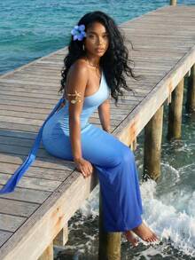 Slaydiva Nuevo vestido largo y ajustado de mujer de estilo azul degradado con un hombro y espalda descubierta, ideal para primavera/verano, festivales de música, estilo occidental, nómada, fiestas, fiestas en la piscina, ropa de resort sexy, cruceros, playa, tomar el sol, vacaciones, con un estilo elegante y romántico. - Azul - Ver 5