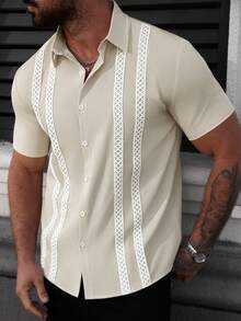 OTTIMOZO Men's Lace Patchwork Front Button Casual Short Sleeve Shirt - Apricot - View 3